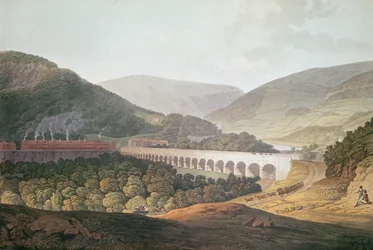 Vista, de, um, ponte pedra, através, a, vale, e, rio, em, Risca, em, Monmouthshire, (color, engraving)